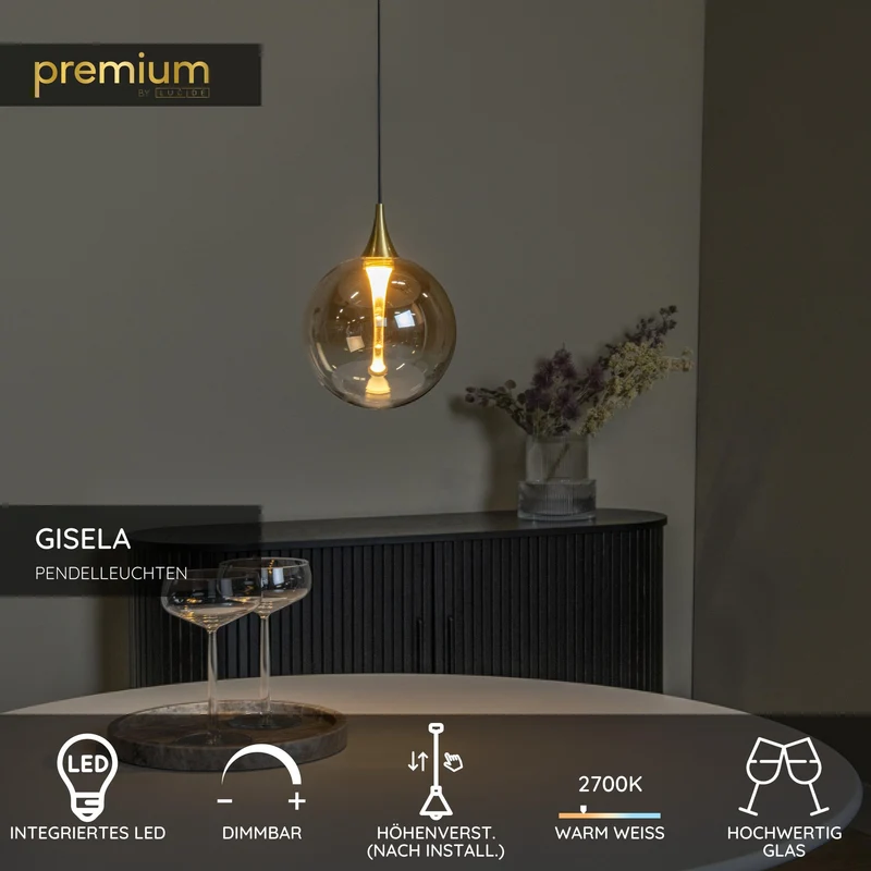 LED-Pendelleuchte Gisela dimmbar Glasschirm Amber