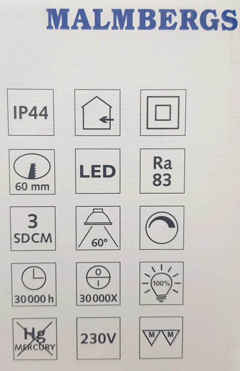 LED Einbaustrahler MD-99 – 7 W, dimmbar, IP44, Ø 60 mm, ultra flach 22 mm, warmweiß 2700 K, inkl. Trafo | Malmbergs