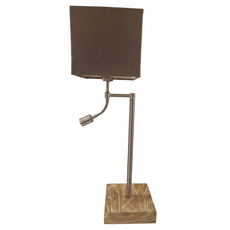 Design Lampenfuß Tischlampe mit LED-Lesearm – rustikales Holz, 2 Schalter