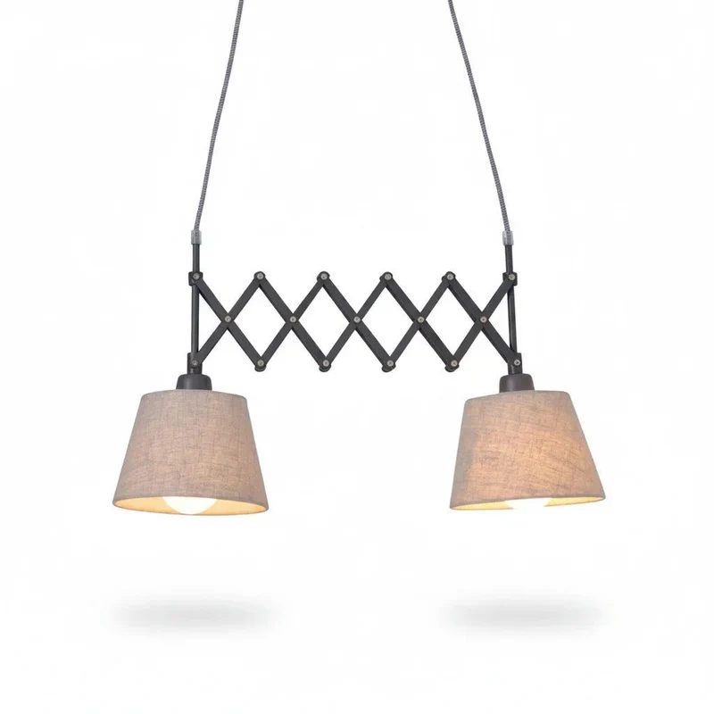 Esstischlampe mit Scherenarm ADRIENNE – 2-flammige Pendelleuchte, ausziehbar, Stoffschirme beige