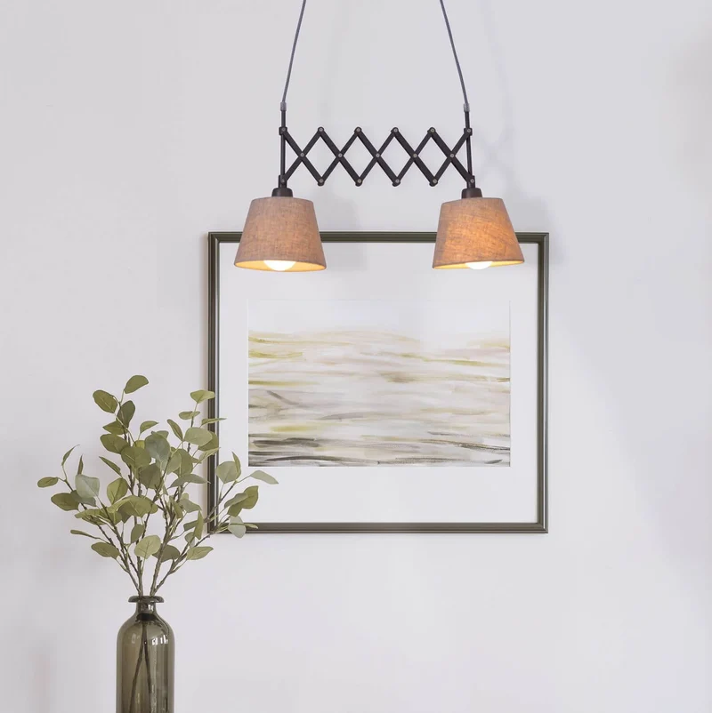 Esstischlampe mit Scherenarm ADRIENNE – 2-flammige Pendelleuchte, ausziehbar, Stoffschirme beige
