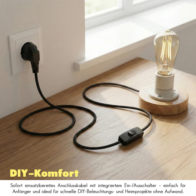 2m Textilkabel Schwarz mit Schalter | DIY Lampen-Zubehör 3-adrig ~3502