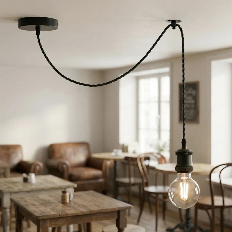 Industrielle Minimalistische schwarze Pendelleuchte mit E27-Glühbirne und kabel~3640
