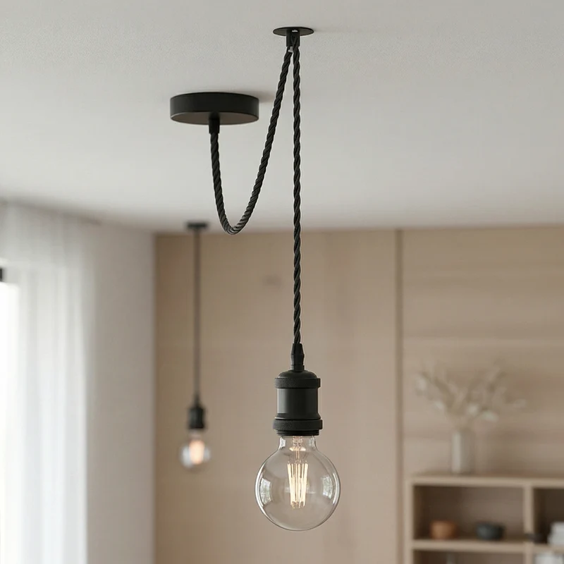 Industrielle Minimalistische schwarze Pendelleuchte mit E27-Glühbirne und kabel~3640