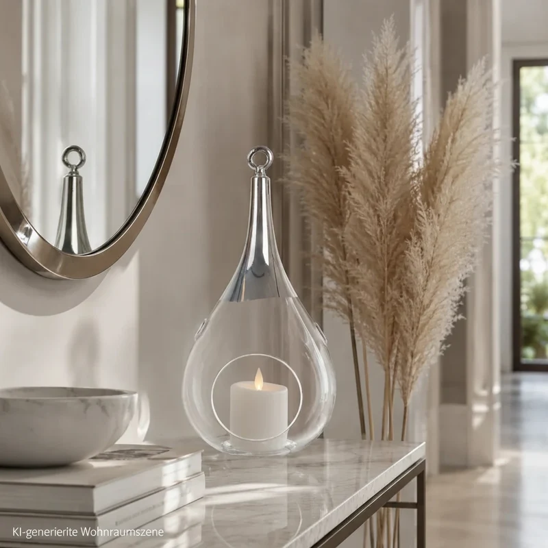 Sompex Taura Hängewindlicht Glas Chrom 23,5 cm – mundgeblasen · handbemalt · Tropfenform