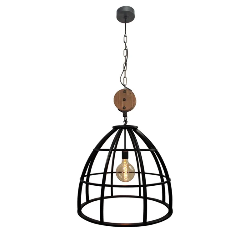 Design Hängelampe Vintage Industrie Look Schwarz mit Holzelement & Metallkorb