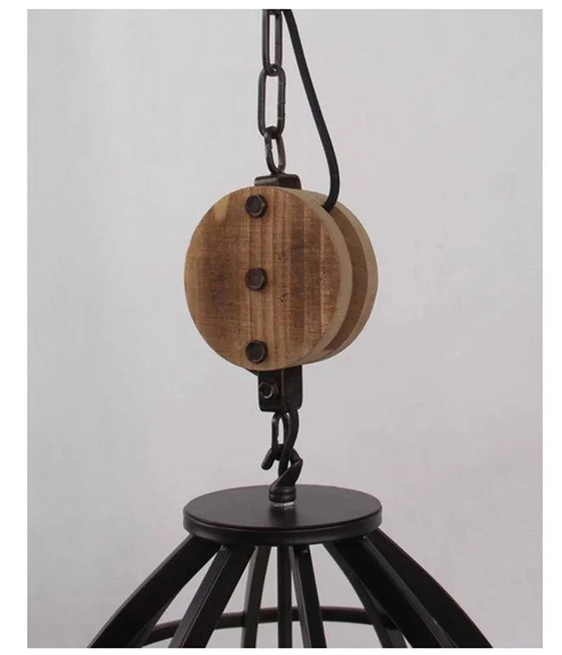 Design Hängelampe Vintage Industrie Look Schwarz mit Holzelement & Metallkorb