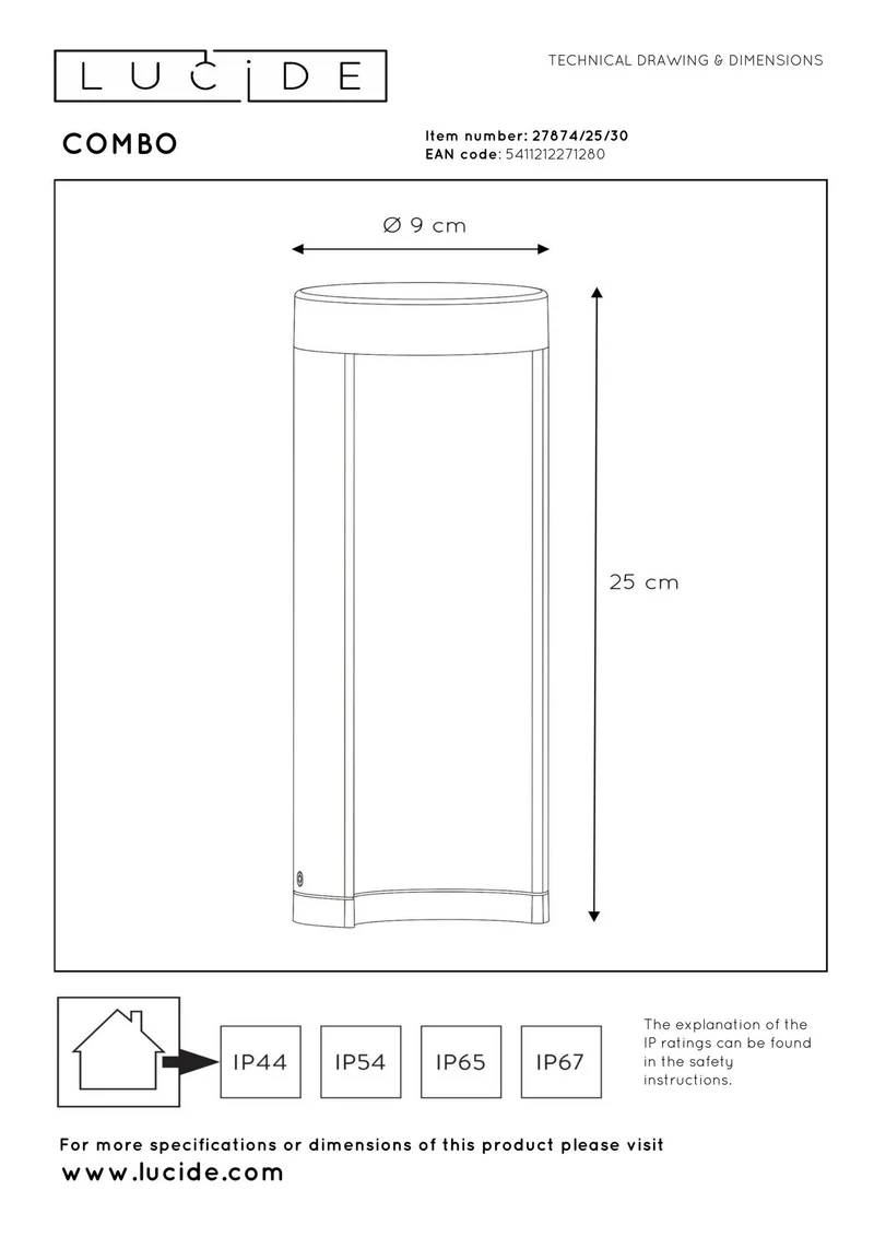 Pollerleuchte Combo LED IP54 Ø9cm 25cm hoch Schwarz