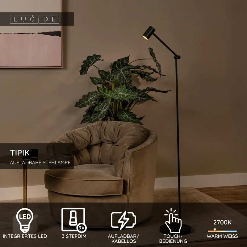 LED-Akku-Stehleuchte Tipik dimmbar Warmweiß 138cm