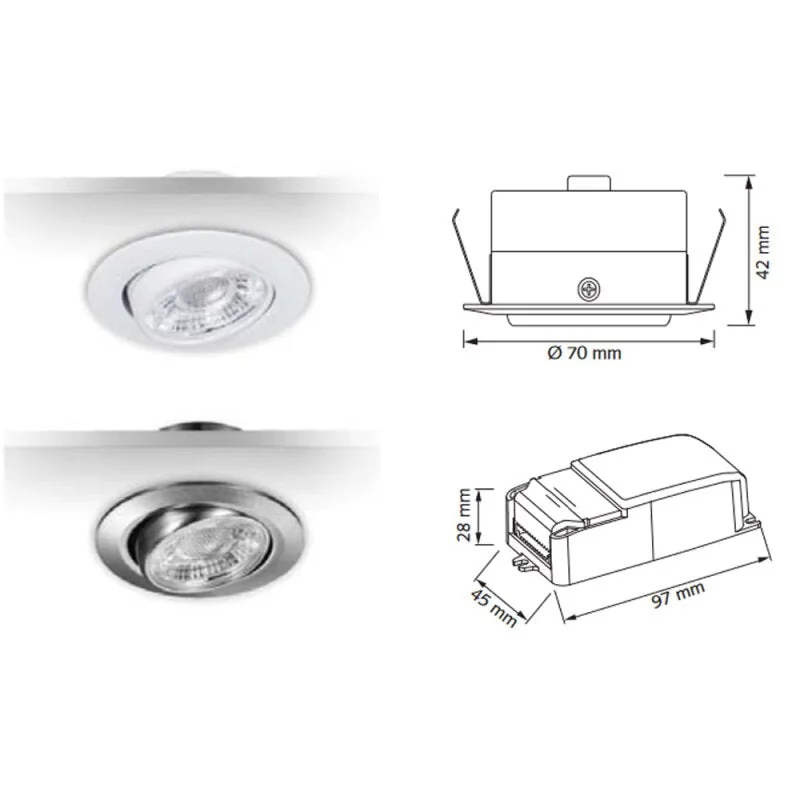 LED Einbaustrahler MD-13 Satin – 5 W, dimmbar, IP44, Ø 60 mm, ultra flach 42 mm, warmweiß 2700 K, inkl. Trafo | Malmbergs