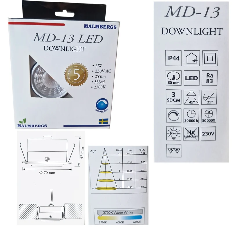 LED Einbaustrahler MD-13 Satin – 5 W, dimmbar, IP44, Ø 60 mm, ultra flach 42 mm, warmweiß 2700 K, inkl. Trafo | Malmbergs