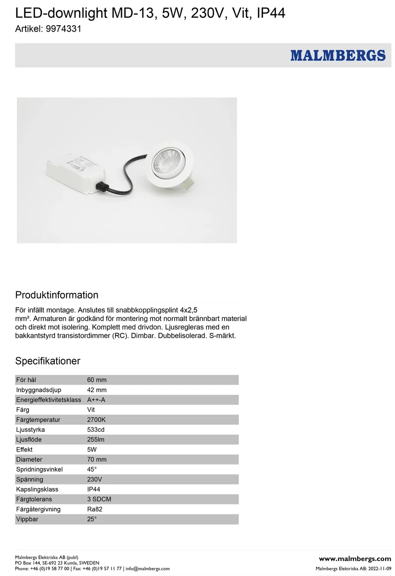 LED Einbaustrahler MD-13 weiß – 5 W, dimmbar, IP44, Ø 60 mm, ultra flach 42 mm, warmweiß 2700 K, inkl. Trafo | Malmbergs
