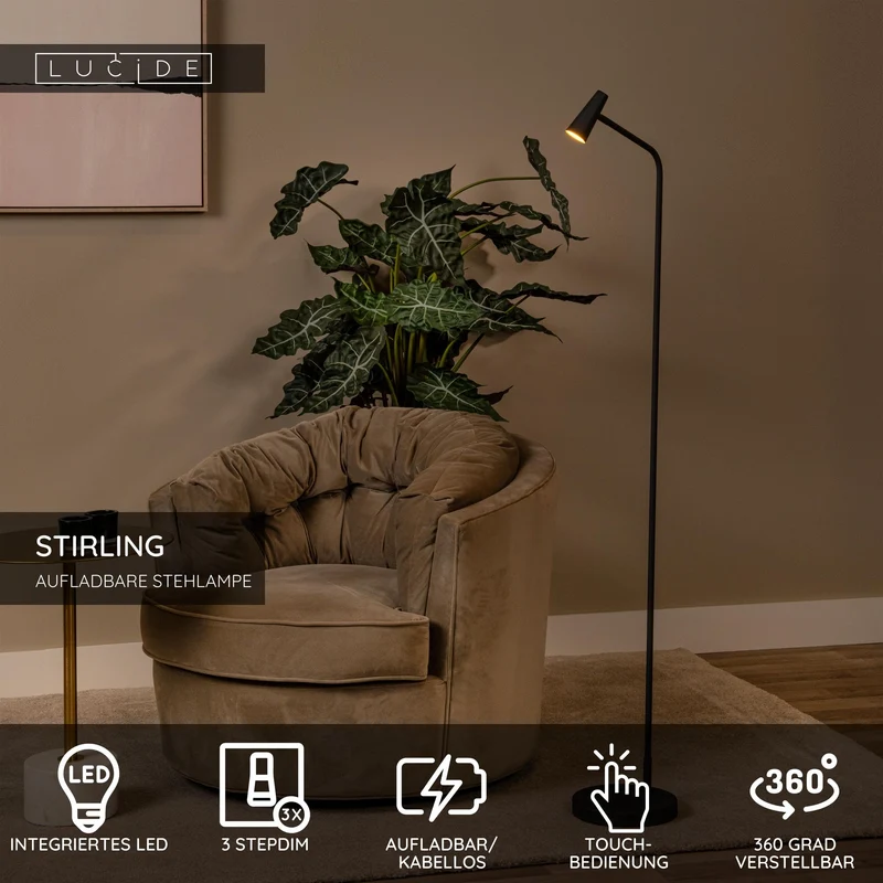 LED-Stehleuchte Stirling mit Akku und Touchdimmer Schwarz 137,5cm