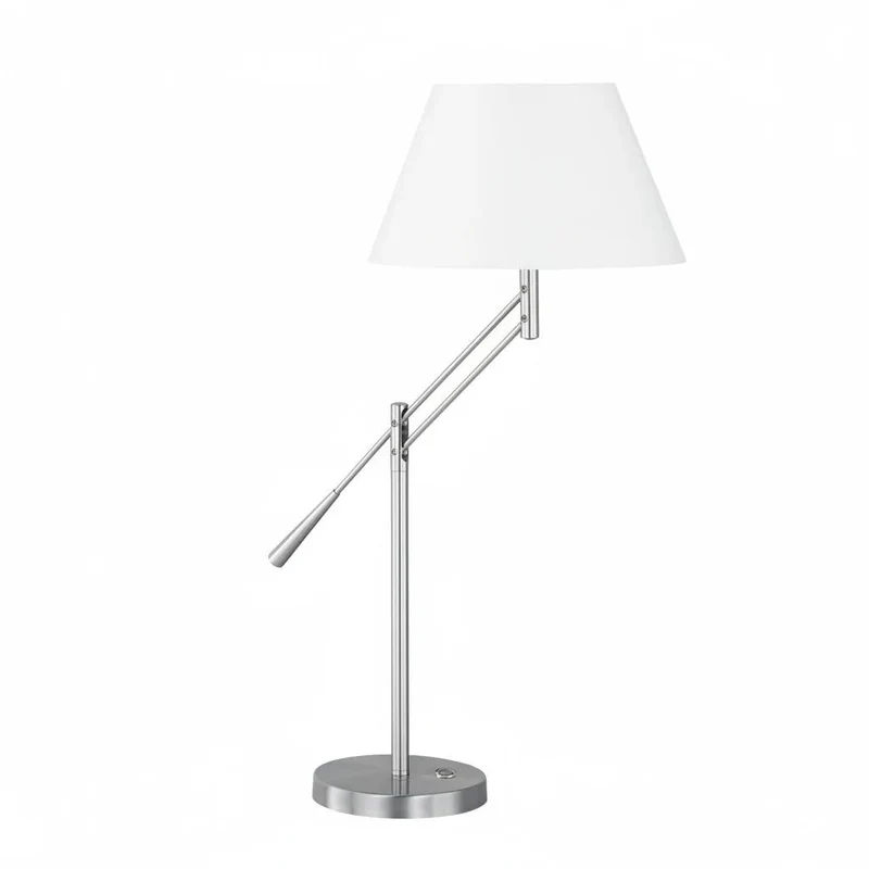 Honsel LEVER Tischleuchte – verstellbares Gelenk, weißer Stoffschirm Ø 30 cm, Nickel matt, E27