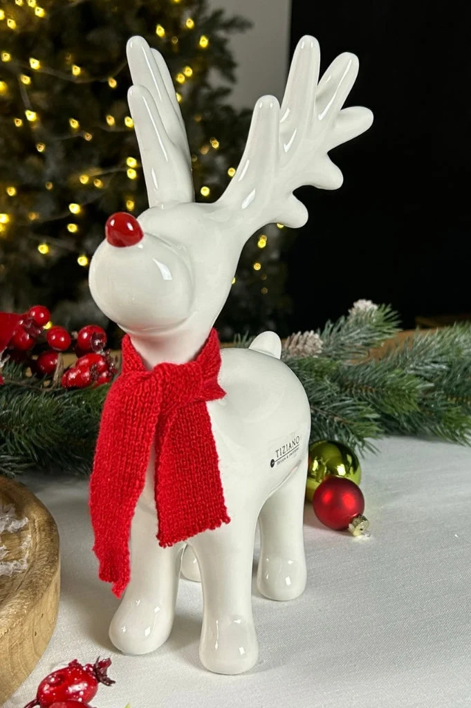 Deko Rentier Rudolph stehend mit roter Nase+Schal