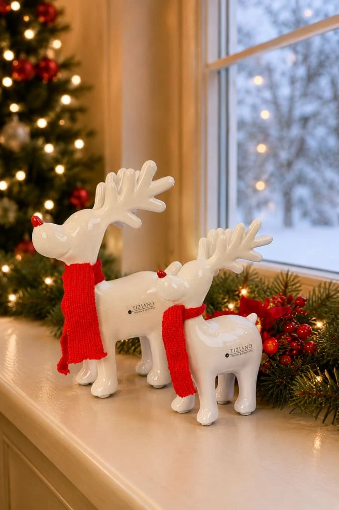 Deko Rentier Rudolph stehend mit roter Nase+Schal