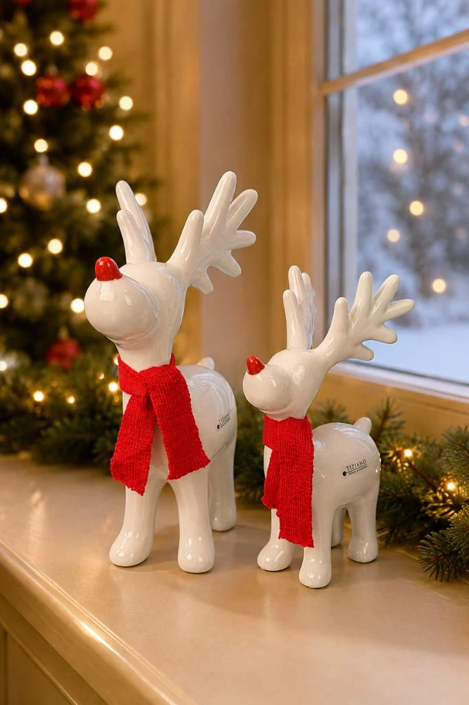 Deko Rentier Rudolph stehend mit roter Nase+Schal