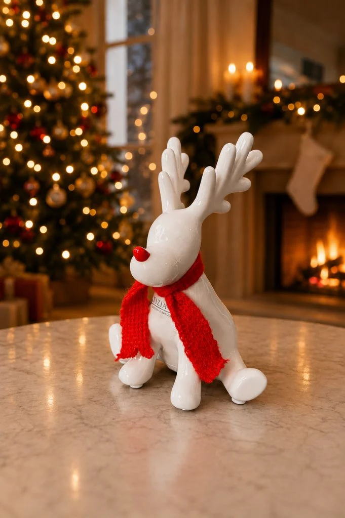 Deko Rentier Rudolph sitzend mit roter Nase+Schal