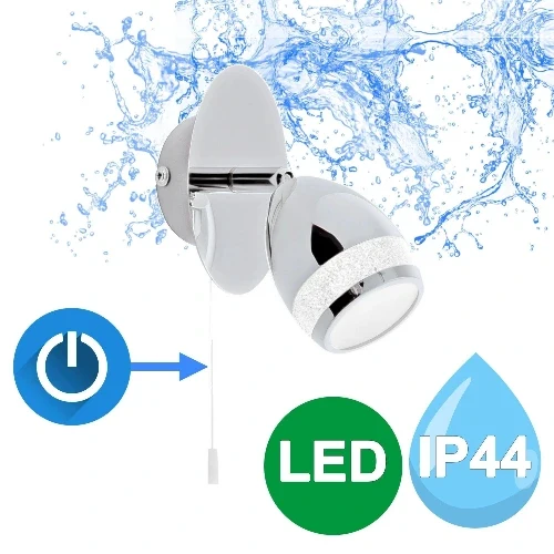LED Wandlampe mit Zugschalter Chrom IP44 – schwenkbare Leselampe 4W 4000K mit Glitzerrand