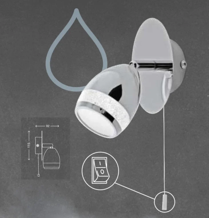LED Wandlampe mit Zugschalter Chrom IP44 – schwenkbare Leselampe 4W 4000K mit Glitzerrand