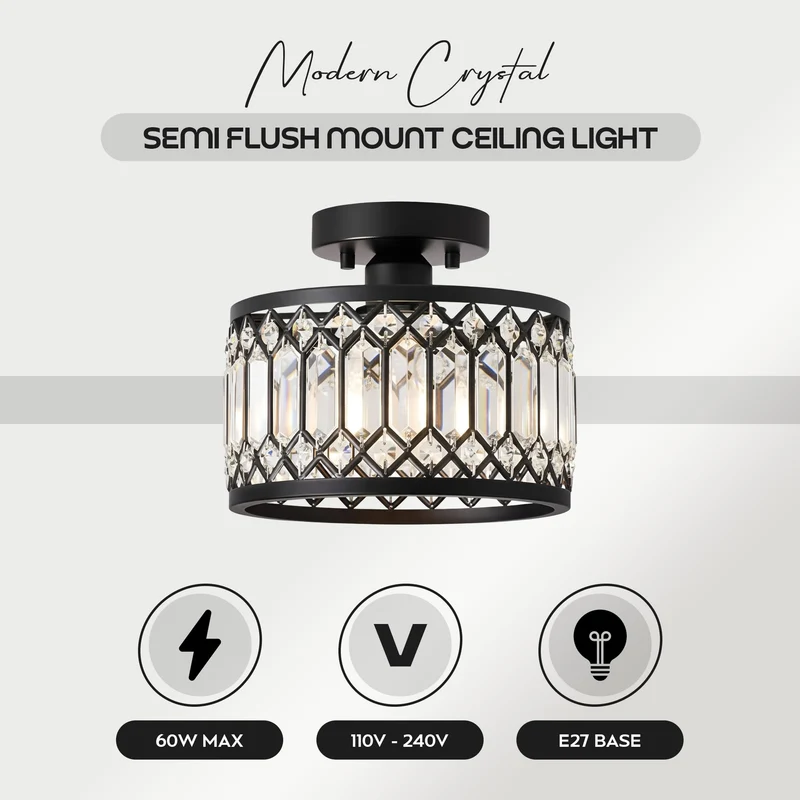 LED Elegante Schwarze Kristall Deckenleuchte E27 ~3398