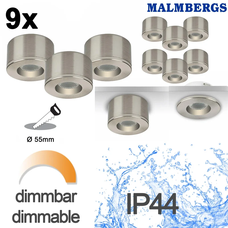 9er Set LED Spots Einbau & Aufbau dimmbar Alu IP44 55 mm – Malmbergs MD-31