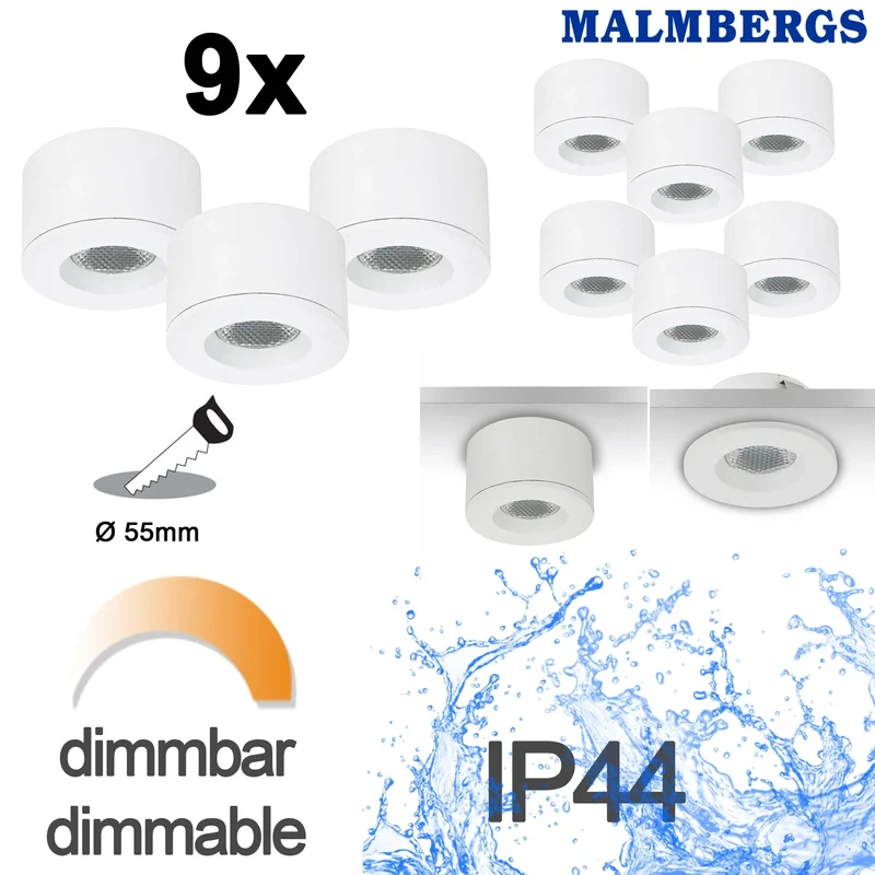 9er Set LED Mini Spots – Malmbergs MD-31 – weiß – dimmbar – IP44 – Einbau & Aufbau – 55 mm