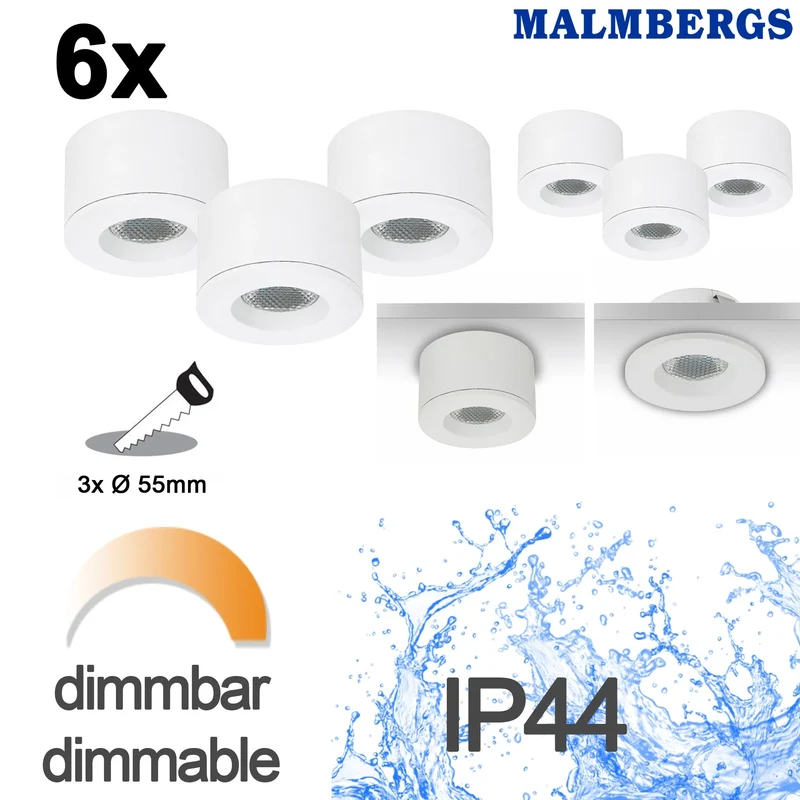 6er Set LED Mini Spots – Malmbergs MD-31 – weiß – dimmbar – IP44 – Einbau & Aufbau – 55mm
