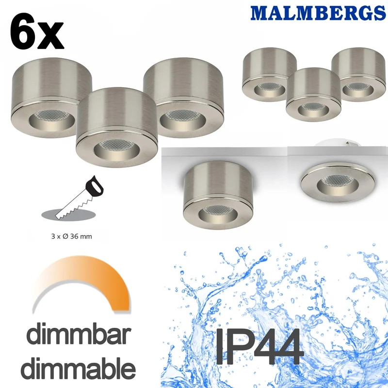 Malmbergs MD-29 LED Kit Satin – 9er Set Mini LED Spots – Dimmbar – Einbau & Aufbau – IP44 – 36mm