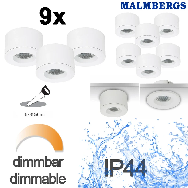 9er Set LED Einbaustrahler Weiß – dimmbar – IP44 – Malmbergs MD-29 – Mini Spots – ultra flach