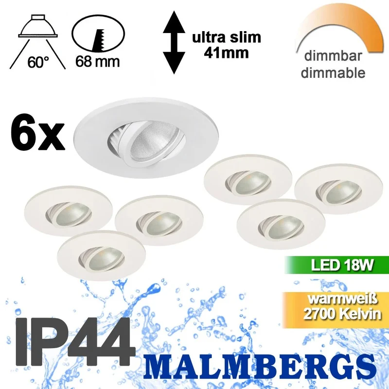 6er Set LED Einbaustrahler MD-350 – dimmbar, schwenkbar, IP44, Ø 68 mm, warmweiß 2700 K, weiß | Malmbergs