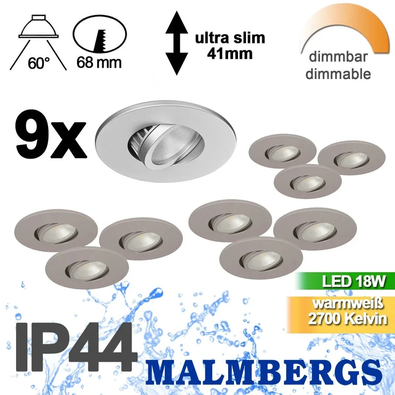 9er Set LED Einbaustrahler dimmbar & schwenkbar IP44 – MD-350 silber matt