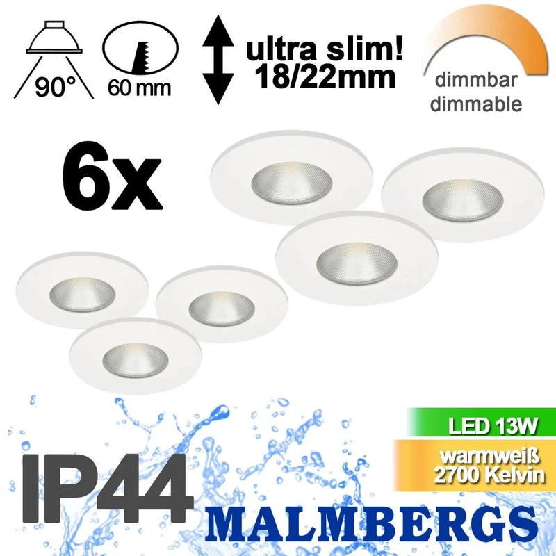 6er Set LED Einbaustrahler MD-315 – dimmbar, ultra slim, IP44, weiß