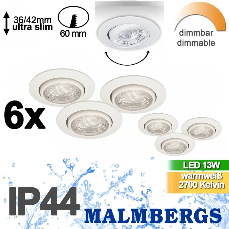 6er Set LED Einbaustrahler MD-13 – dimmbar, schwenkbar, IP44, weiß