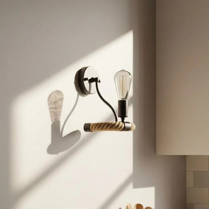 Retro Industrie Loft Seil Wandleuchte Schwarz | E27 Edison~3442