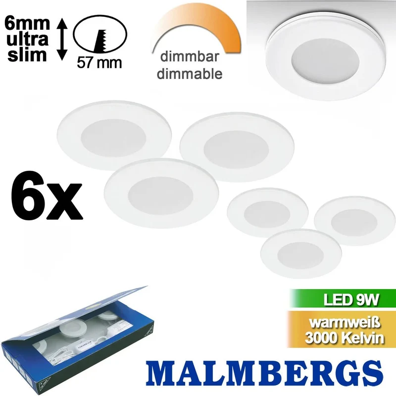 6er Set LED Möbeleinbaustrahler MD-305 – dimmbar, ultra flach 6 mm, Ø 57 mm, warmweiß 3000 K, weiß | Malmbergs