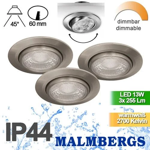 9er Set LED Einbaustrahler Silber – dimmbar – schwenkbar – IP44 – ultra flach – Malmbergs MD-13