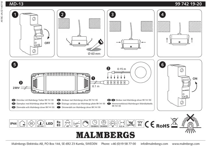 6er Set LED Einbaustrahler Silber – dimmbar – schwenkbar – IP44 – ultra flach – Malmbergs MD-13