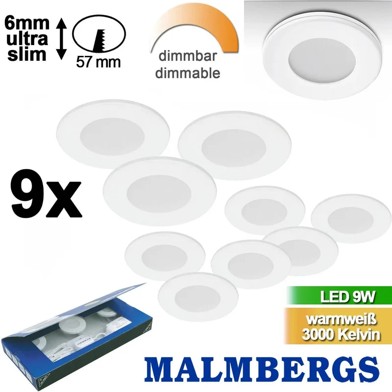 9er Set LED Spots MD-305 – Möbeleinbauleuchten dimmbar, ultra slim 6 mm, weiß