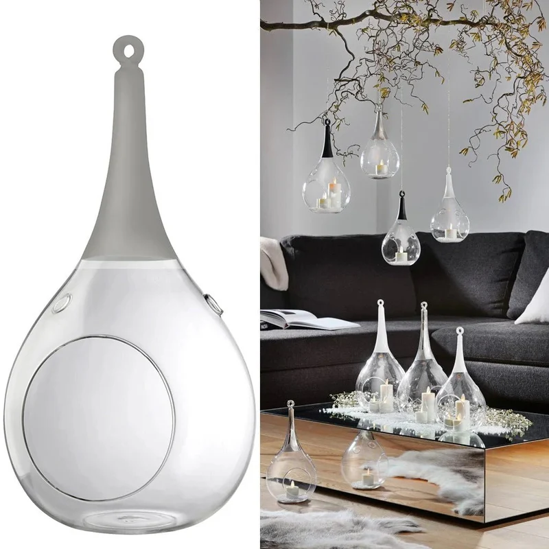 Sompex Taura Hängewindlicht Grau 35 cm – mundgeblasen · handbemalt · Glas · Tropfenform