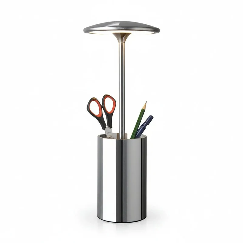 LED Schreibtischlampe Pott Chrom – leuchtender Stiftehalter & Organizer – Sompex