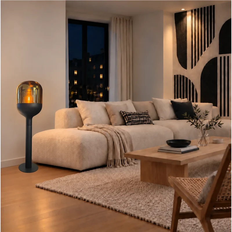 Sompex DOME Stehlampe Schwarz Gold mit Amber-Glas 120 cm