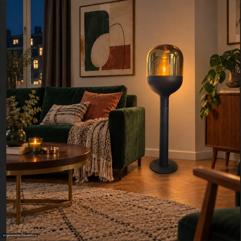 Sompex DOME Stehlampe Schwarz Gold mit Amber-Glas 120 cm