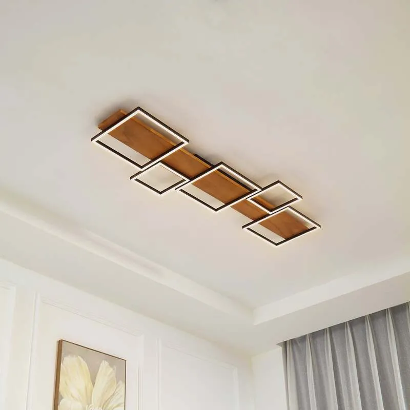 B-Ware Lindby Deckenlampe Deckenleuchte Galad LED Lampe dimmbar Holz schwarz 140cm