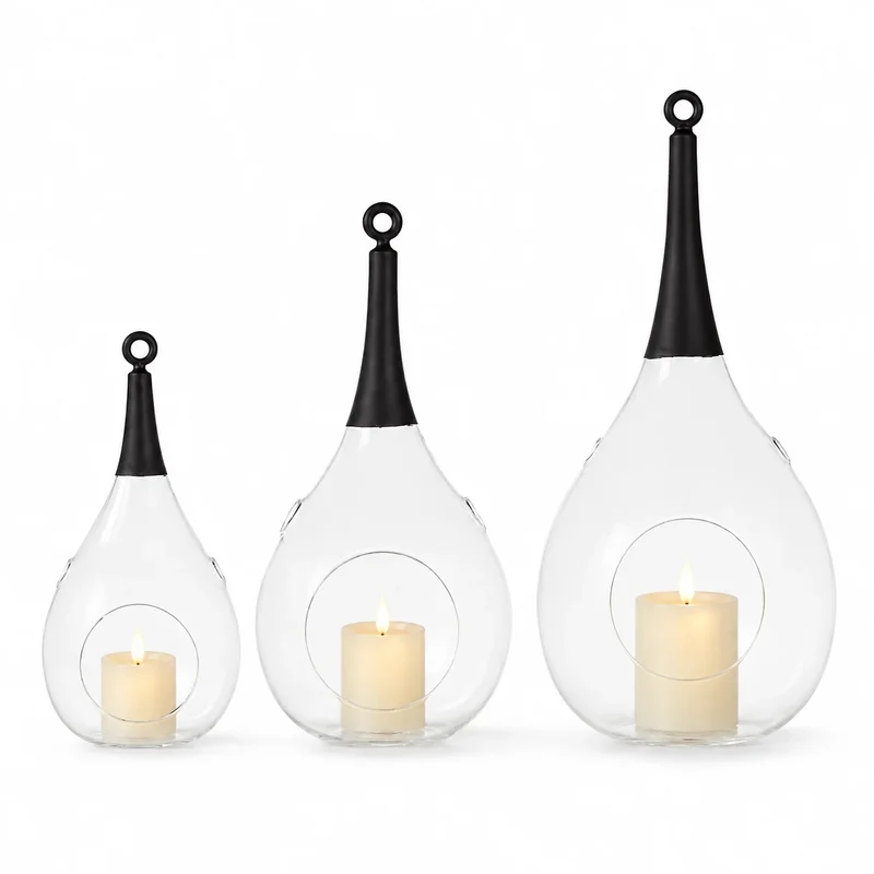 3er Set Hänge-Windlichter Taura Schwarz – Glas Windlicht zum Aufhängen