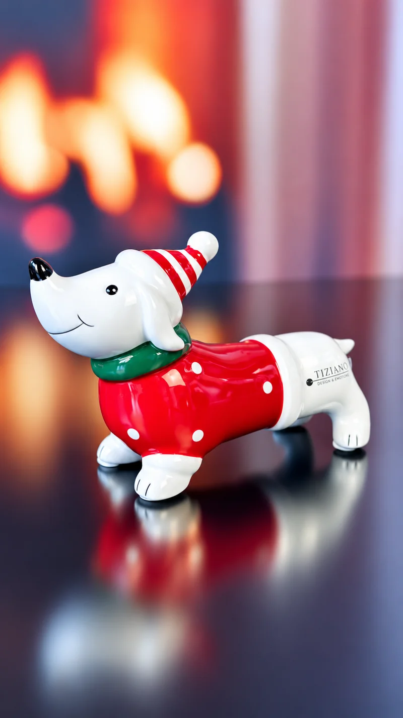 Deko Hund Rolf mit rotem Pulli dekoriert
