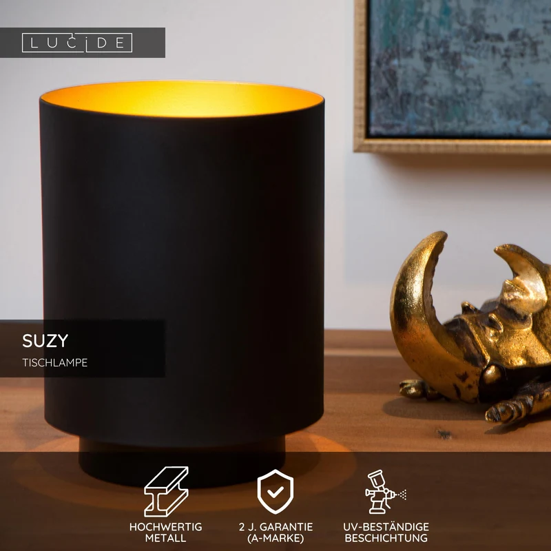 Tischleuchte Suzy 1-flammig Zylinderform Schwarz, Messing 16cm