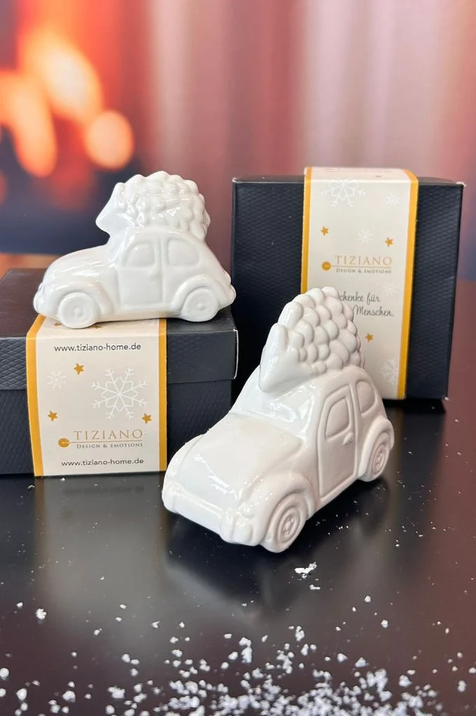 3er Set Auto Herbie mit Baum creme-weiß in Geschenkkartons