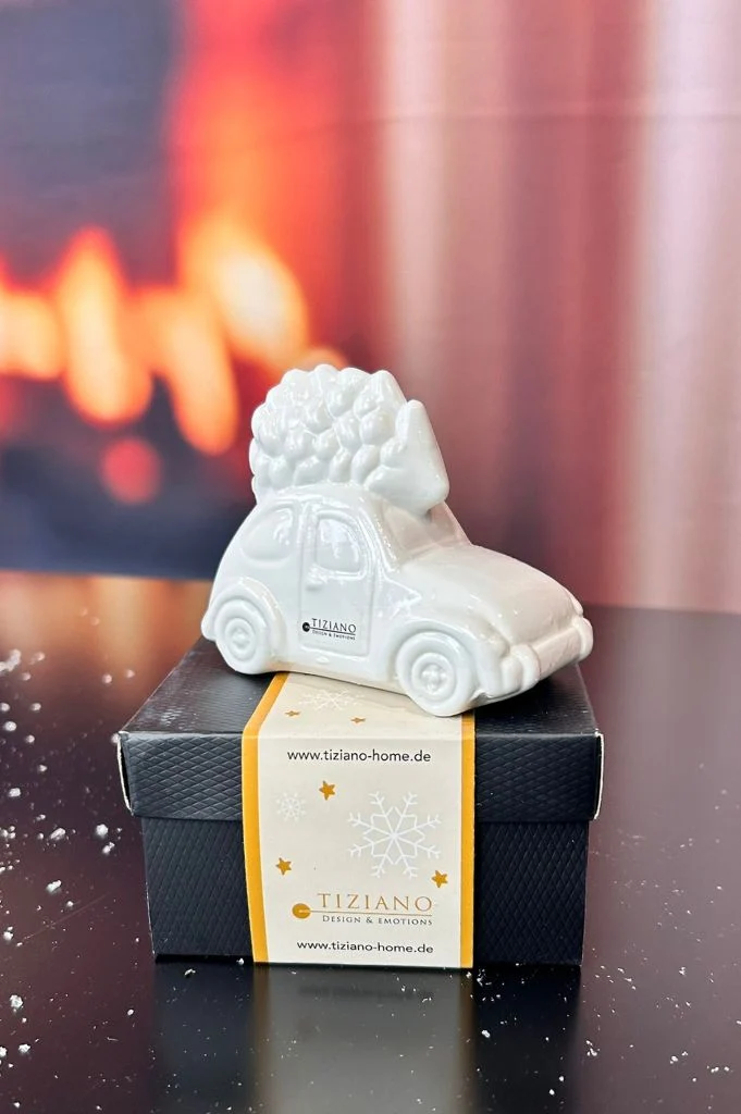 3er Set Auto Herbie mit Baum creme-weiß in Geschenkkartons