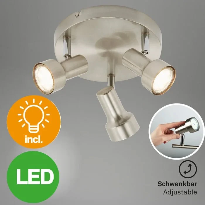 Briloner LED Deckenleuchte Ø21 cm – 3-flammig, schwenkbar, GU10, nickel-matt, warmweiß